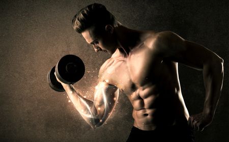 Bodybuilder lifting weight with energetic white lines concept on backround