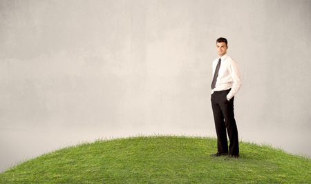 A successful caucasian elegant business man standing in small green grass with briefcase in front of clear empty background concept.