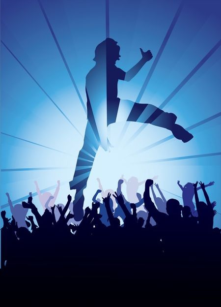 illustration of a man jumping over people at a concert
