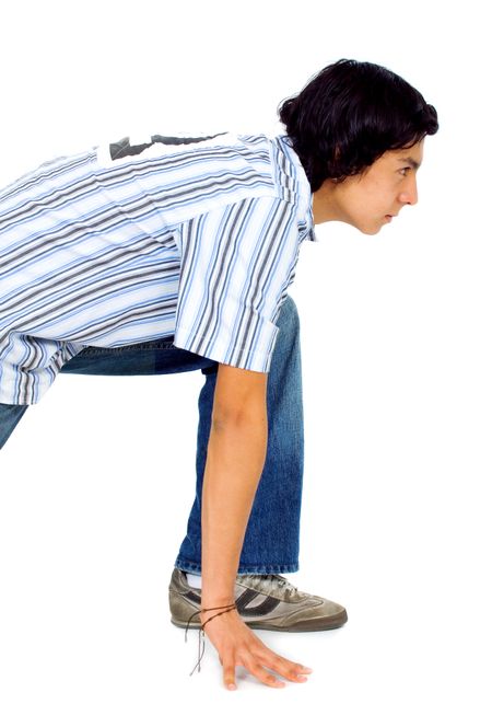 young man ready to race isolated over a white background