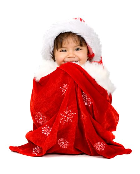 baby santa in a christmas gift sack isolated over a white background