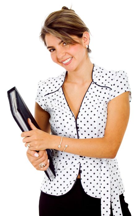 business woman smiling with a folder over a white background