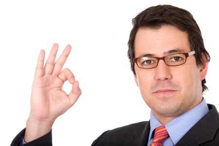 business man smiling doing the okay sign over a white background