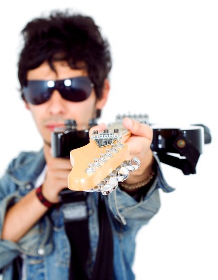 electric guitar player in a band isolated over a white background
