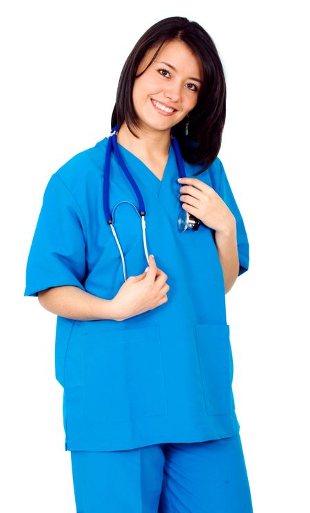 friendly female doctor or nurse isolated over a white background