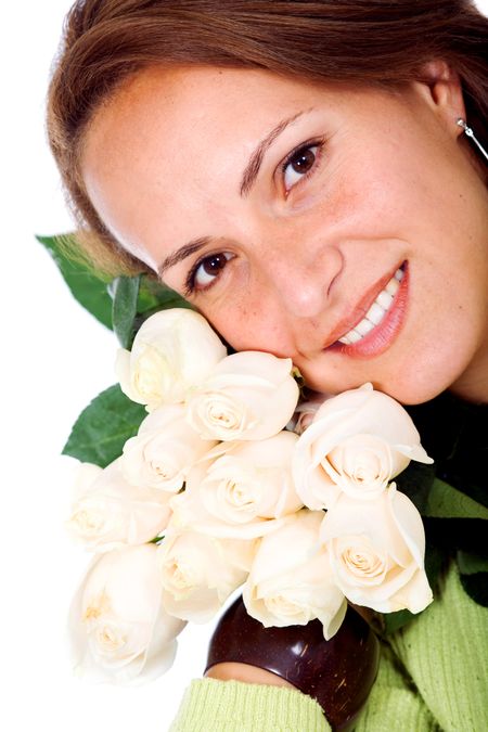 beautiful bride smiling with white flowers isolated