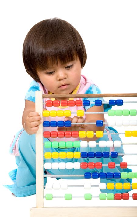 early learning girl with an abacus isolated over a white background