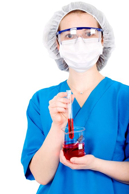 female nurse holding test tubes on her hand with blood samples - isolated over a white background