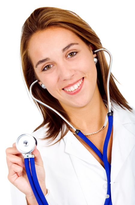 friendly female doctor smiling with a stethoscope  isolated over a white background