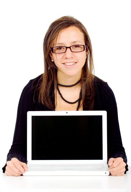 casual girl displaying a white laptop isolated