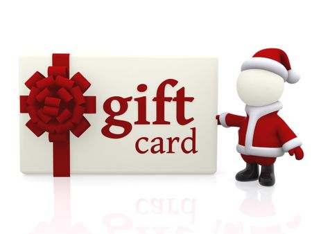 3D Santa with a Christmas gift card - isolated over a white background