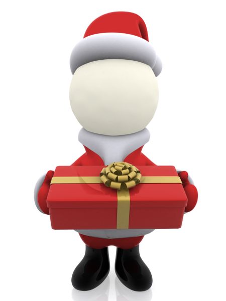 3D Santa Claus with a present - isolated over white background
