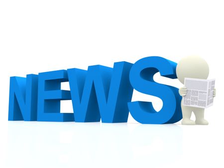 3D guy reading the news with text - isolated over a white background
