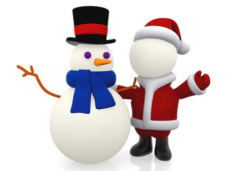 3D Santa Claus and snow man - isolated over white background