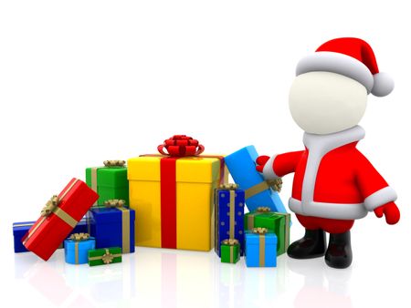 3D Santa with a pile of gifts - isolated over white background