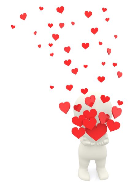 3D man in love holding red hearts - isolated over a white background