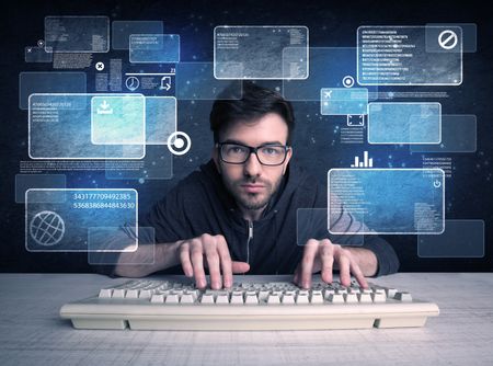 A confident young hacker working hard on solving online password codes concept with a computer keyboard and illustrated digital screen, numbers in the background