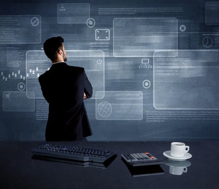 A confident office worker drawing digital chart boxeswith numbers illustration in the middle of a conference meeting concept