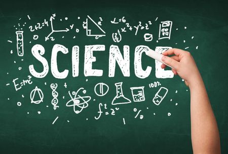 teacher-writing-science-drawing-chemistry-elements-617928614 A teacher writing science, drawing chemistry elements on clean green chalkboard by hand