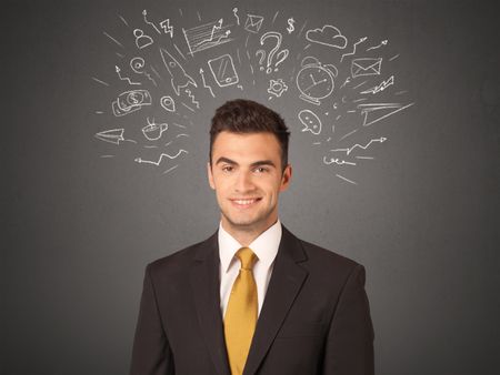 Young businessman with white social icons around his head 