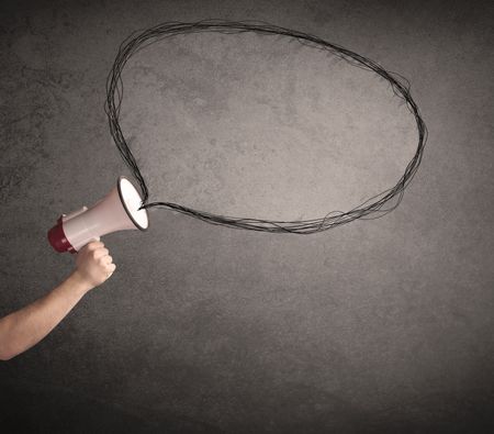 Caucasian business hand holding megaphone with drawn empty speech bubble
