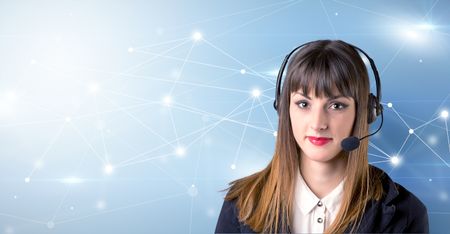 Young female telemarketer with blue background and connectivity concept