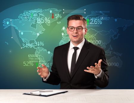 Trade market analyst is studio reporting world trading news with map concept on background