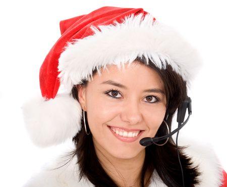 female santa portrait with a headset over a white background
