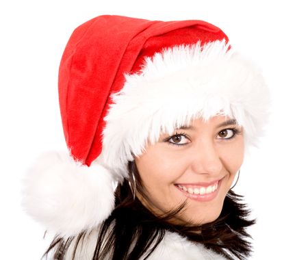 female santa portrait looking cute and smiling isolated over a white background