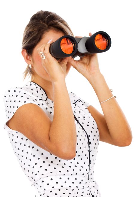 business woman with binoculars searching for a job - isolated over a white background