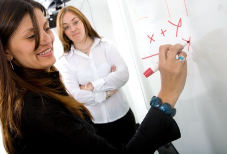female student with teacher near her writing on a blackboard during a maths lesson - over a white background with the focus on her hand