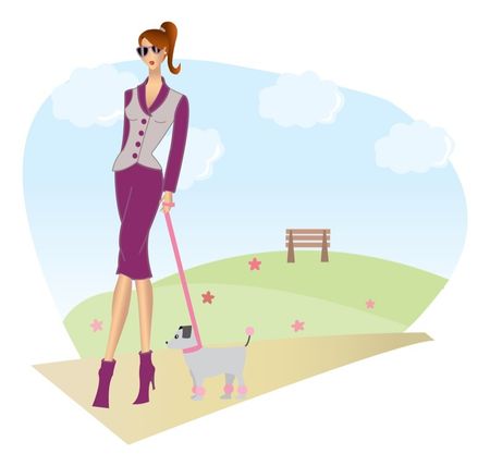Illustration of a girl walking her little dog