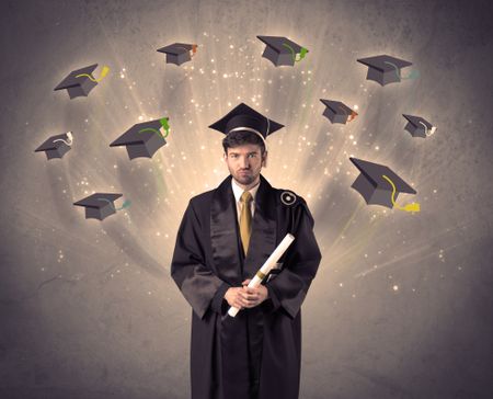 College graduate with many flying hats on grunge background