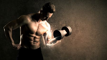 Bodybuilder lifting weight with energetic white lines concept on backround