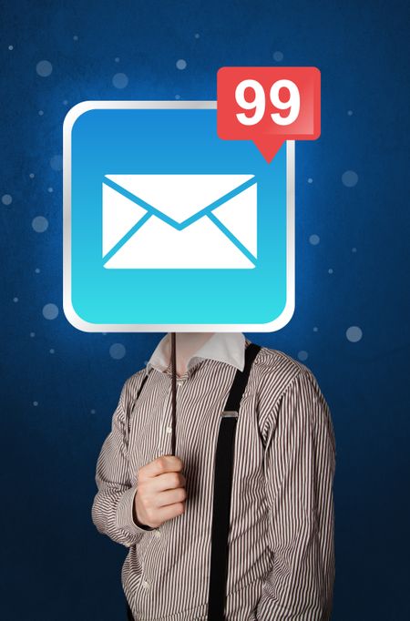 Casual businessman holding square sign with unread mail icon