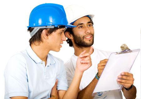 couple of young architects isolated over white