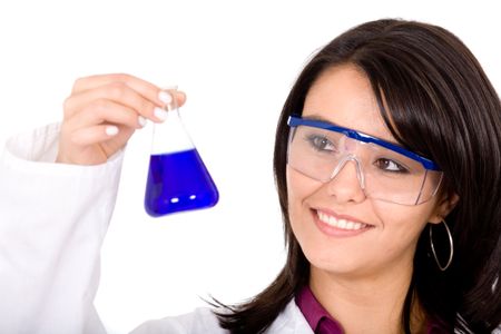 female girl in a laboratory holding a test tube isolated over a white background