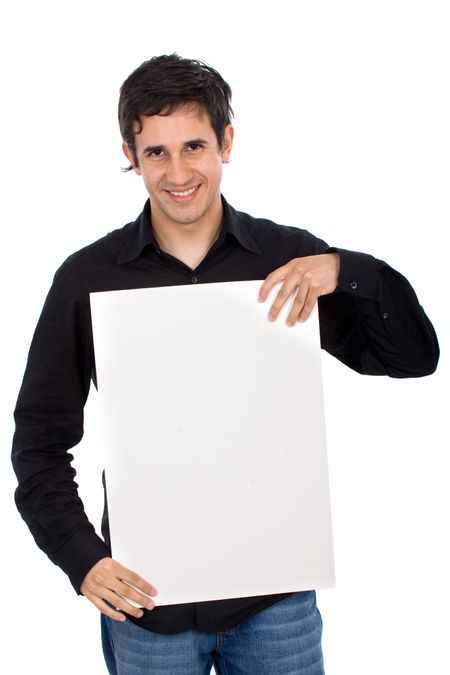 casual man holding an add isolated over a white background