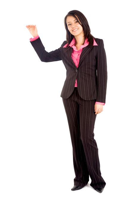 business woman displaying your product smiling and isolated over a white background