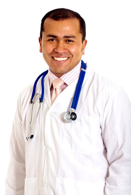 male doctor portrait smiling - isolated over a white background