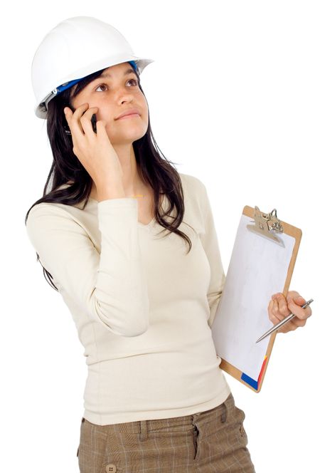 female architect on the phone isolated over a white background