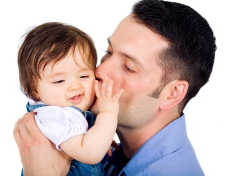 father and daughter kissing over a white background