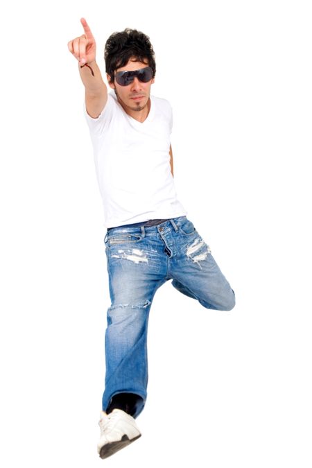 funky guy jumping in the air isolated over a white background
