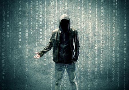 An adult online anonymous internet hacker with invisible face in urban environment and number codes illustration concept