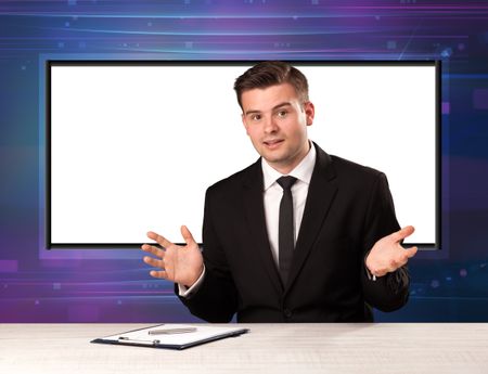 Television program host with big copy screen in his back concept