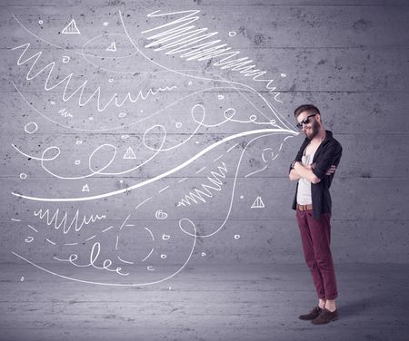 A mad hipster guy with beard shouting drawn white lines, curves on concrete urban wall illustration background concept