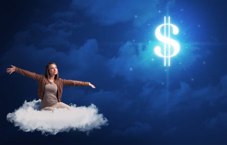 Caucasian woman sitting ona white fluffy cloud daydreaming of money