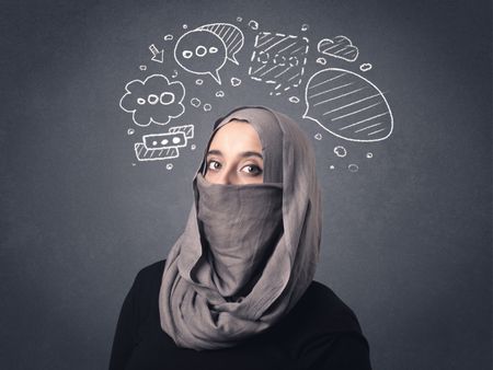 Young muslim woman wearing niqab with drawn speech bubbles above her head 