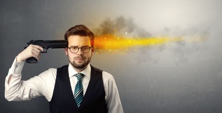 Man shoots his head with gun and lights are coming out from his head