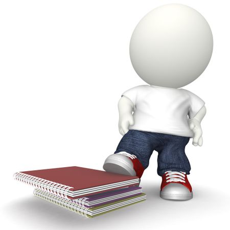 3D student stepping over notebooks - isolated over a white background